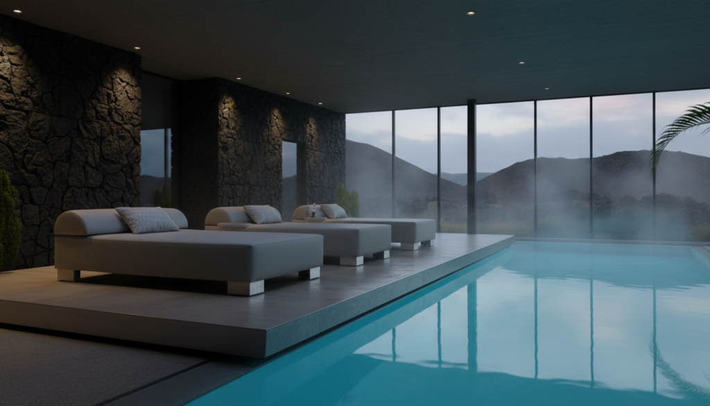 Drie comfort loungebedden aan een zwembad