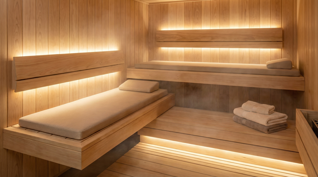 Houten sauna ruimte met grijze saunamatrassen