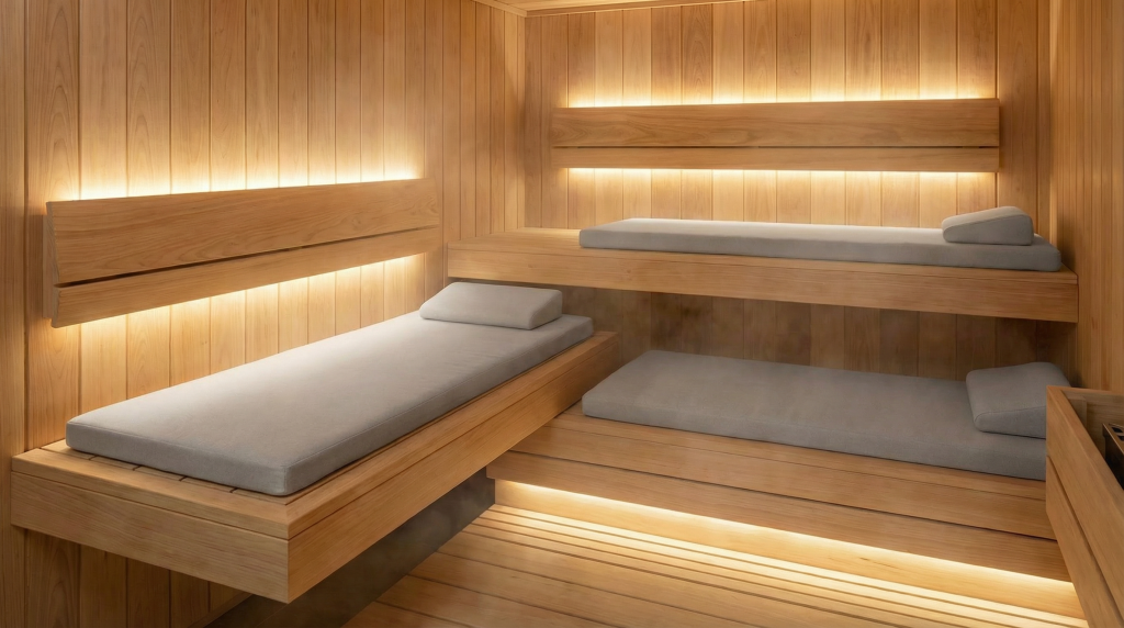Houten sauna ruimte met grijze saunamatrassen
