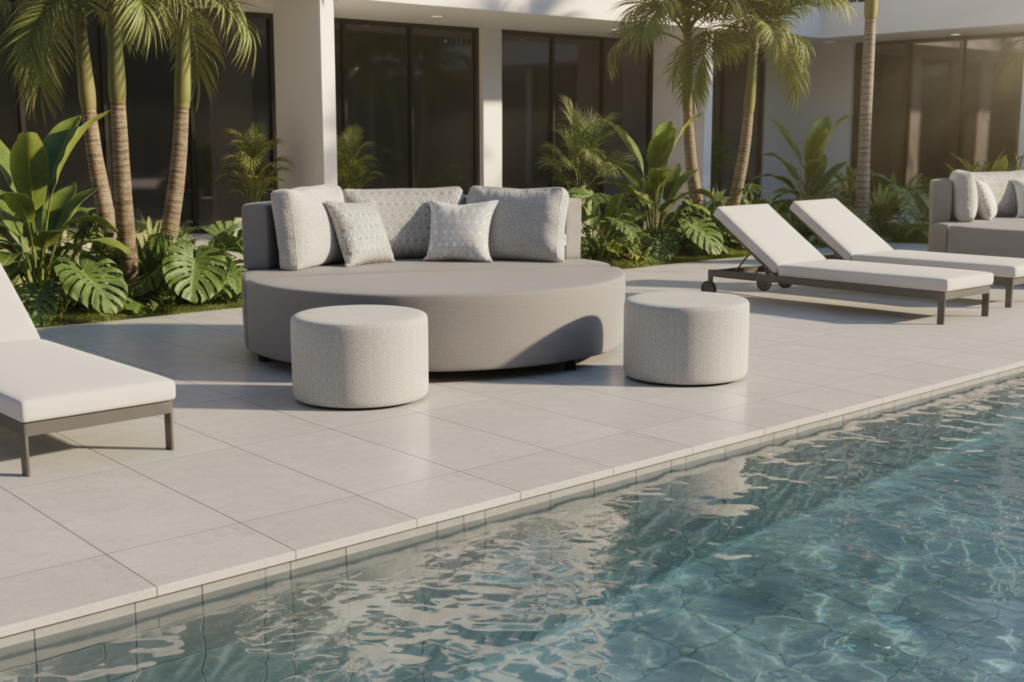 Een daybed sofa en ligstoelen aan het zwembad