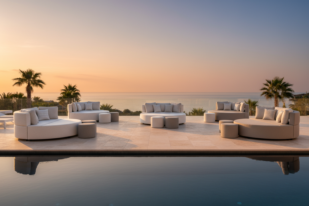vijf verschillende ronde daybeds aan het zwembad bij zonsondergang