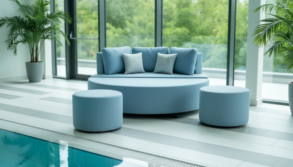 Een blauwe rond sofa daybed aan een zwembad