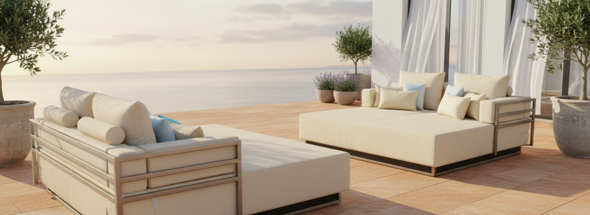 Twee sunlounger bedden op het terras aan het zwembad